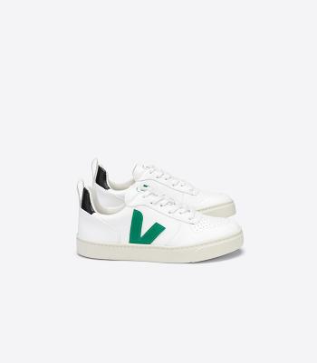 Kids Veja V-10 Laces Cwl Emeraude Vegan Blancas Negras | FCLHY82383